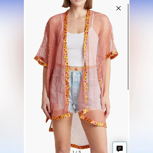 Steve Madden Open Weave Topper - Pink/Yellow Floral Mesh Kimono - NWT! - Picture 1 of 14